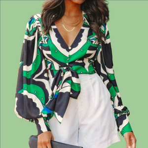 Geometric print ballon sleeves, tie front blouse